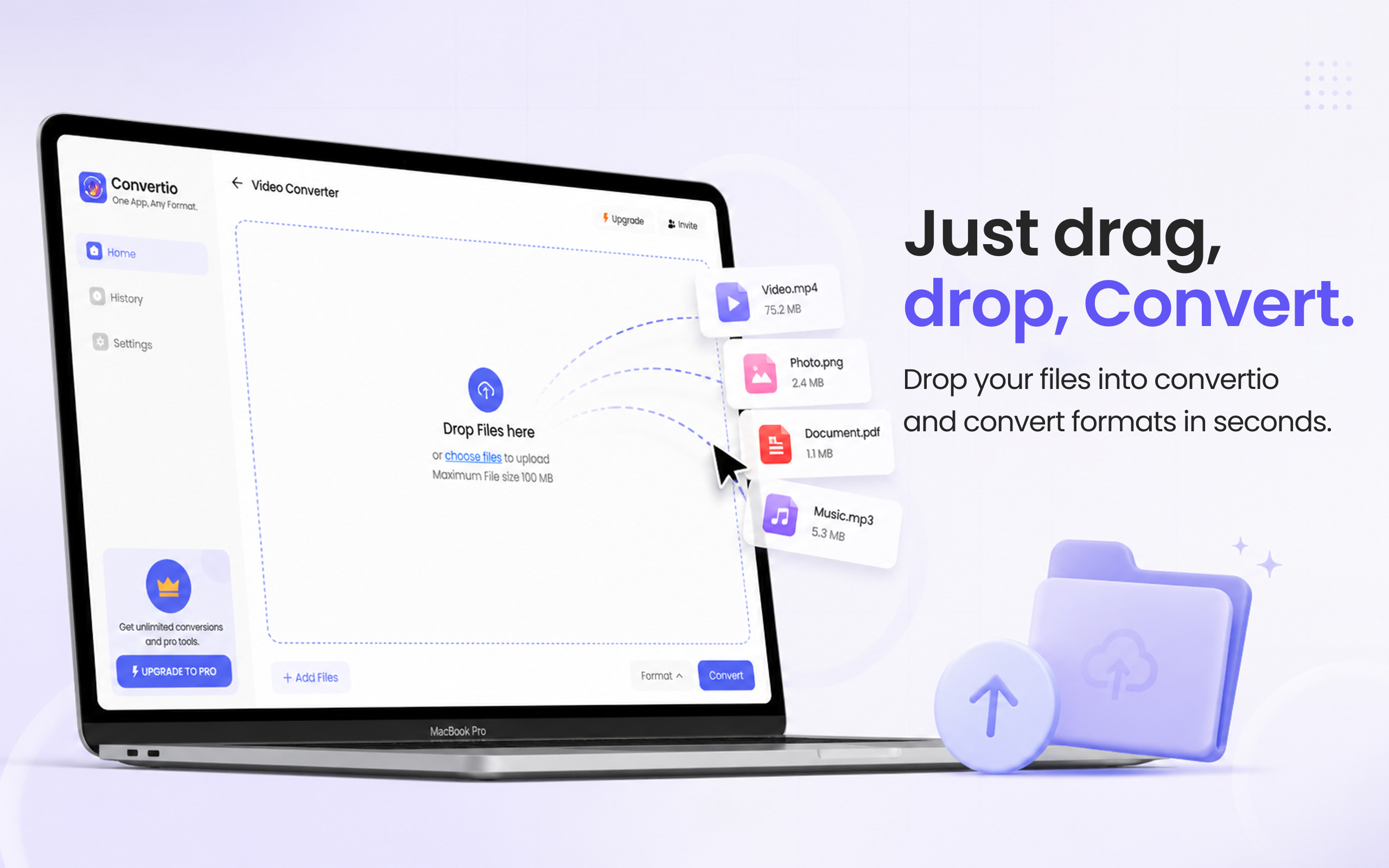 Drag and drop files to convert Video.mp4, Photo.heic, Document.pdf, Music.mp3